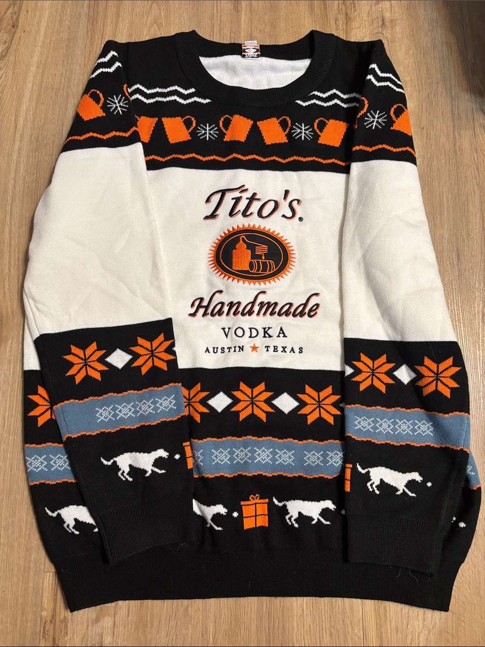 Tito’s Handmade Vodka Men's Holiday Sweater - White & Black with Orange Accents